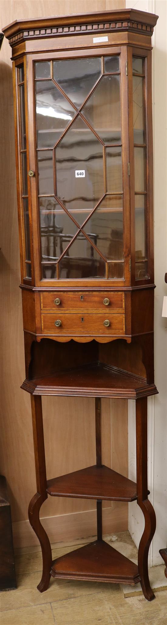 An Edwardian inlaid mahogany Standing Corner Cupboard with under-tier, H.210cm